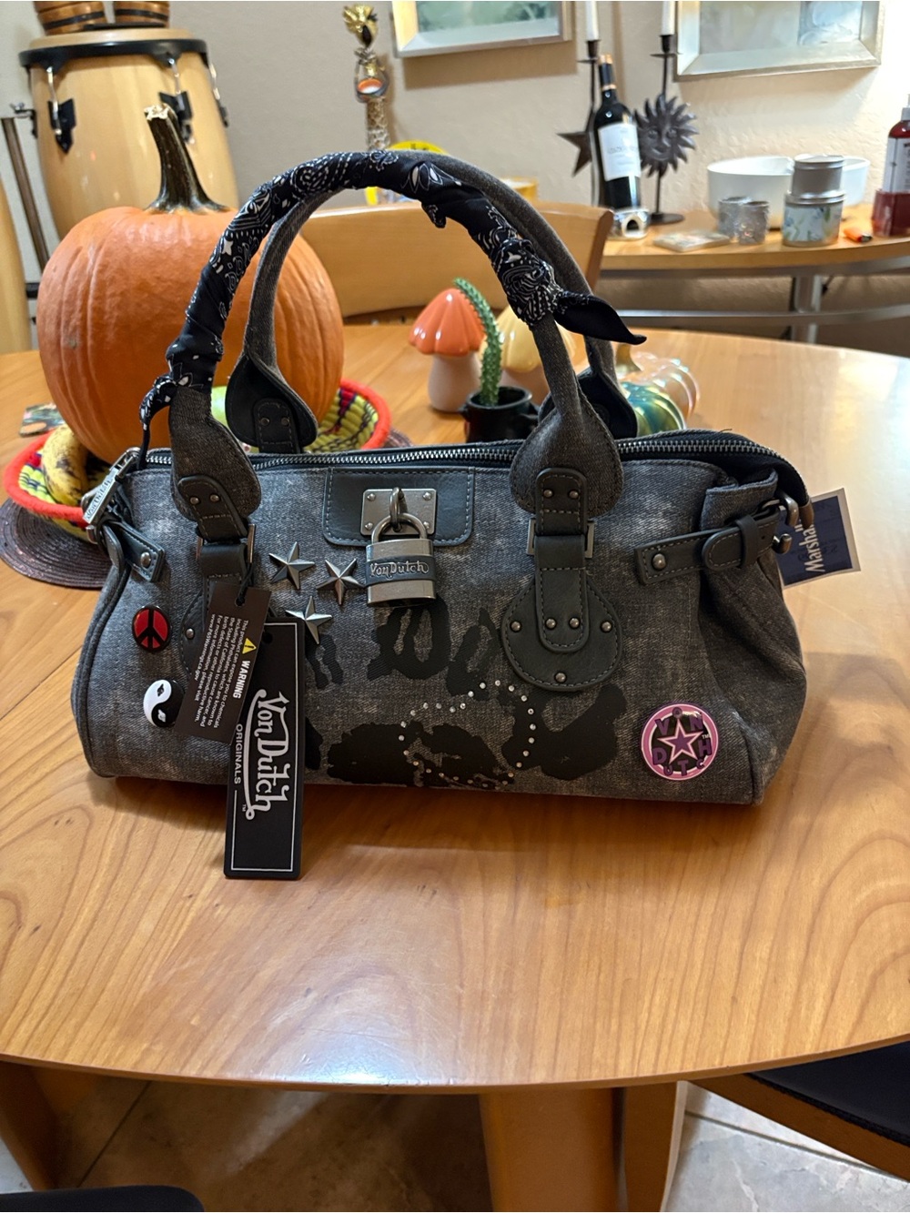 Von Dutch Gray Studded Satchel with accents